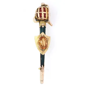 Antique Victorian Scottish Citrine Bloodstone & Agate Sword & Shield Gold Brooch