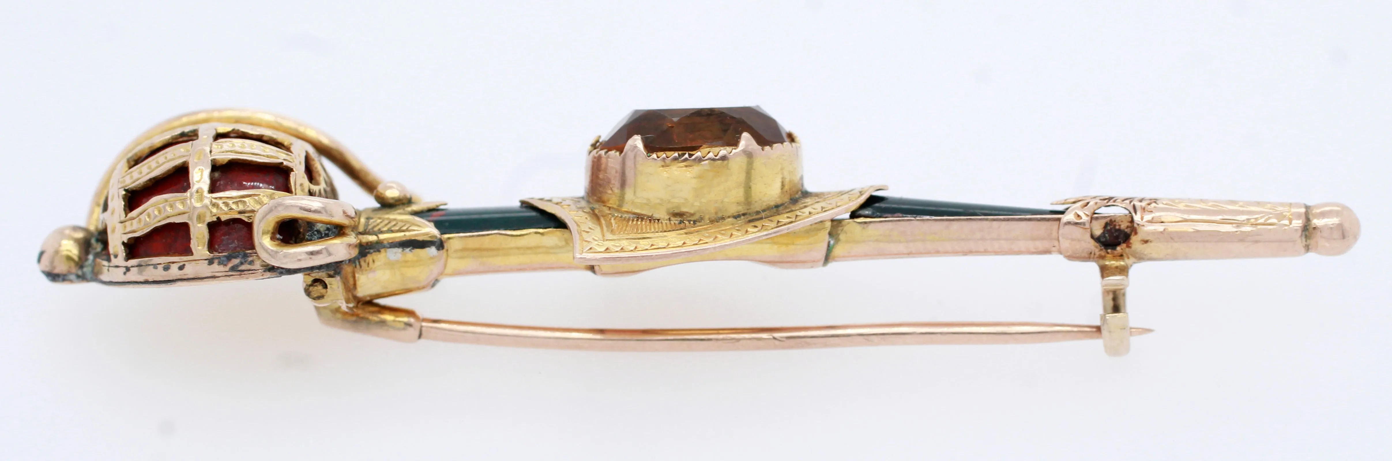 Antique Victorian Scottish Citrine Bloodstone & Agate Sword & Shield Gold Brooch