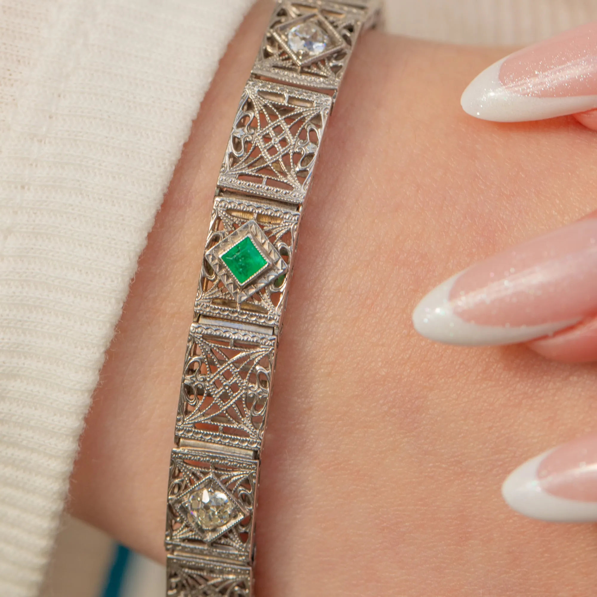 Art Deco 14ct Gold Emerald Diamond Filigree Bracelet, 0.60ct Diamonds
