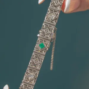 Art Deco 14ct Gold Emerald Diamond Filigree Bracelet, 0.60ct Diamonds