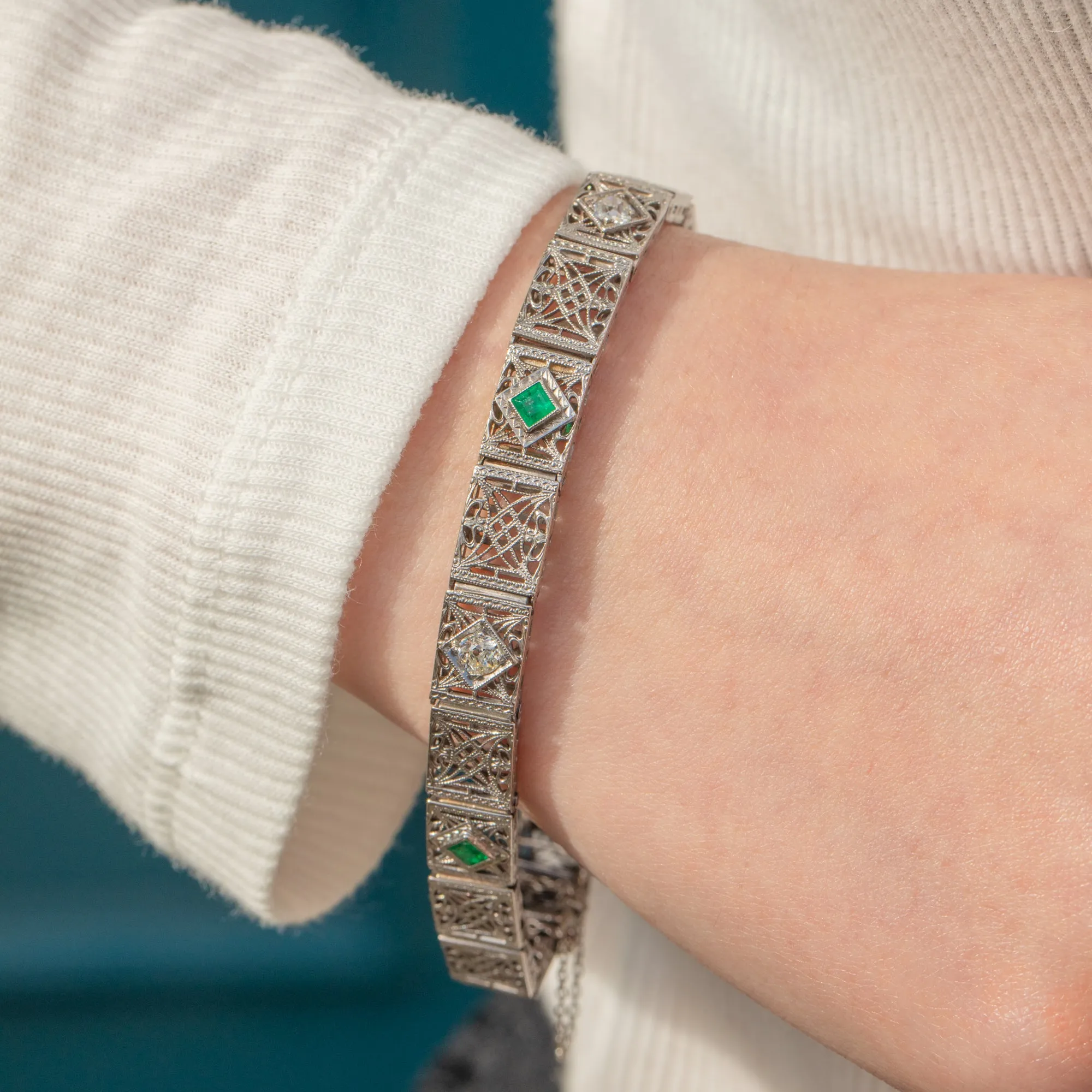 Art Deco 14ct Gold Emerald Diamond Filigree Bracelet, 0.60ct Diamonds
