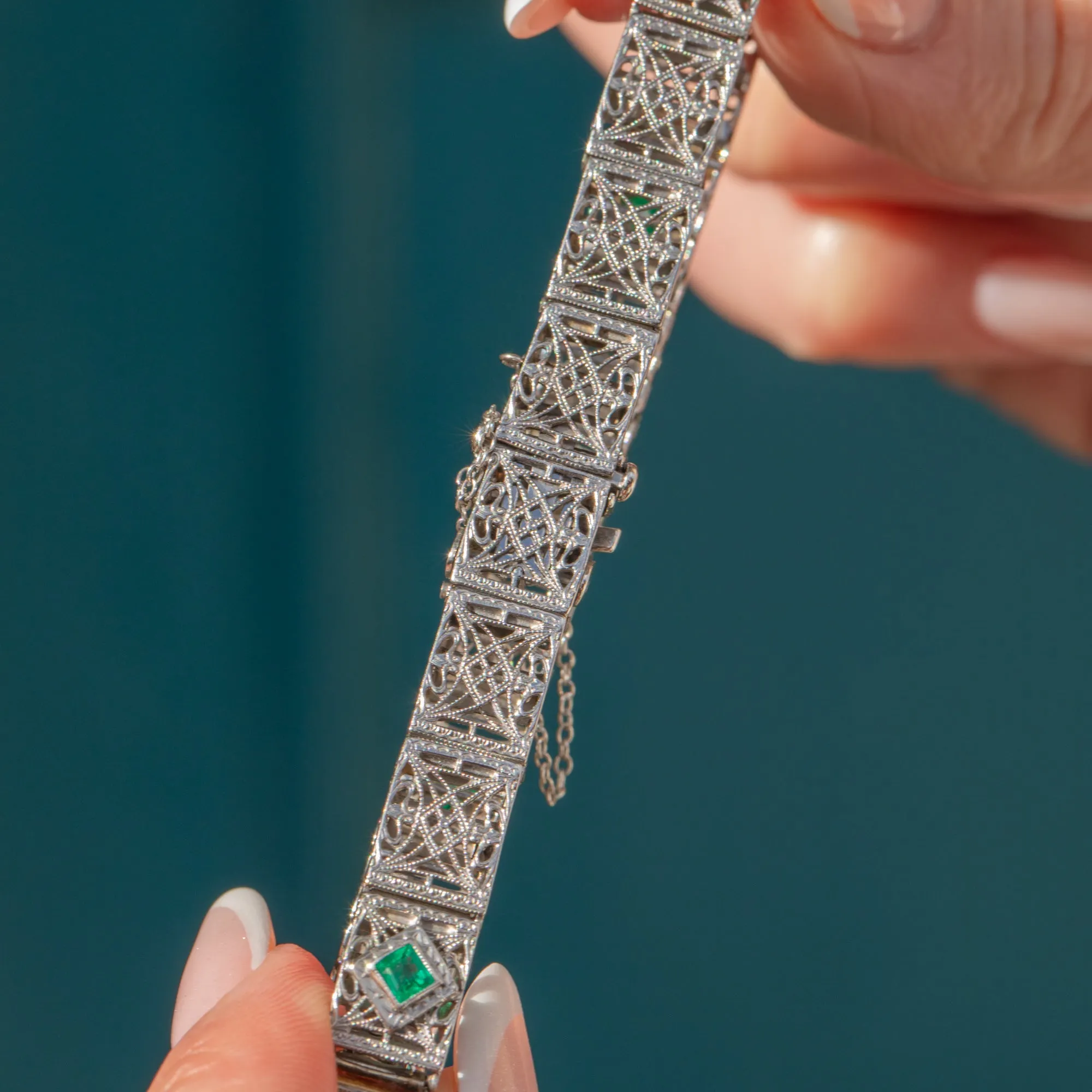 Art Deco 14ct Gold Emerald Diamond Filigree Bracelet, 0.60ct Diamonds