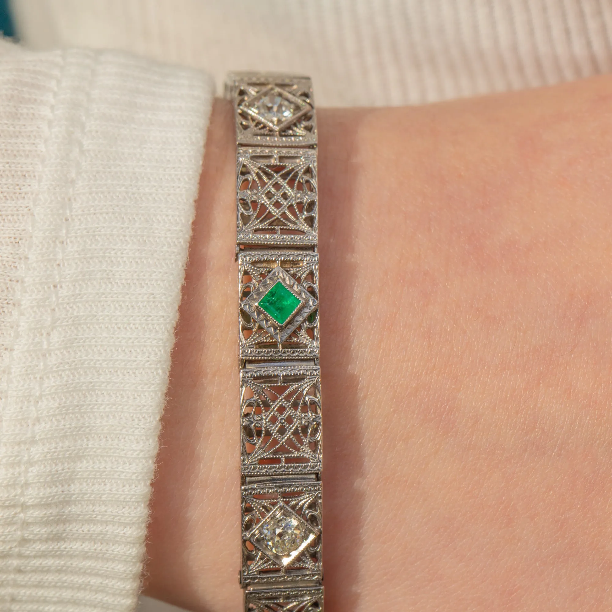 Art Deco 14ct Gold Emerald Diamond Filigree Bracelet, 0.60ct Diamonds