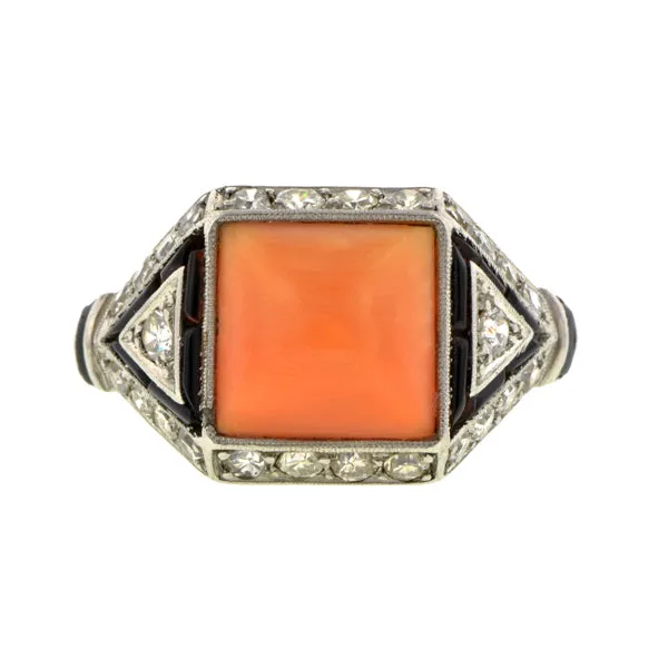 Art Deco Coral, Onyx & Diamond Ring