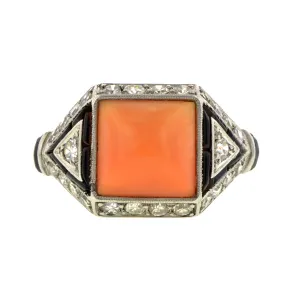 Art Deco Coral, Onyx & Diamond Ring