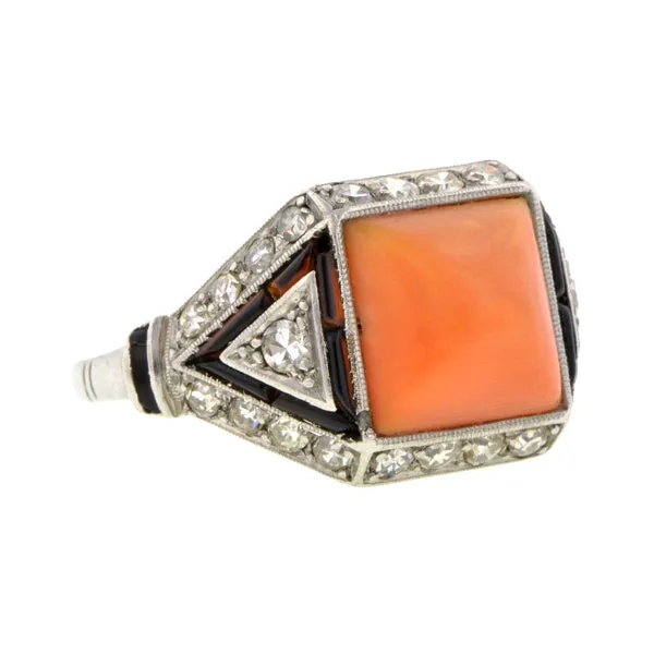 Art Deco Coral, Onyx & Diamond Ring