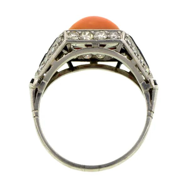 Art Deco Coral, Onyx & Diamond Ring