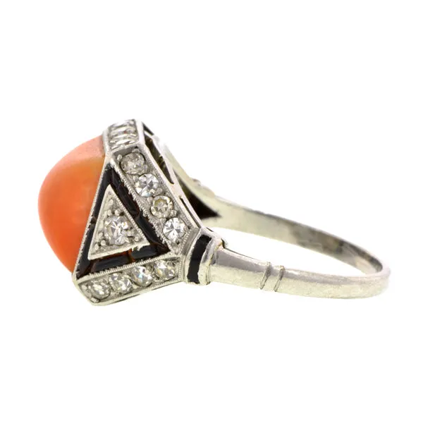Art Deco Coral, Onyx & Diamond Ring