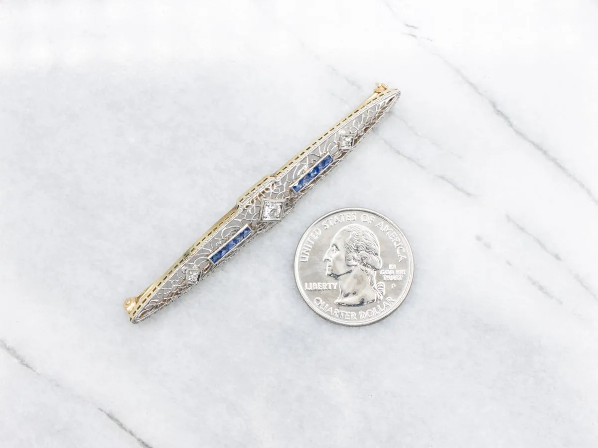 Art Deco Old Mine Cut Diamond and Sapphire Filigree Bar Pin