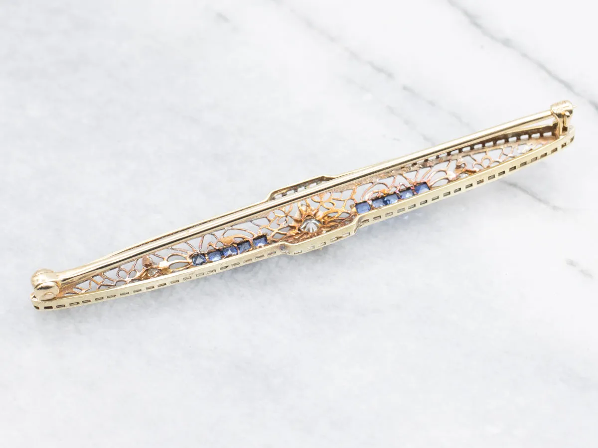 Art Deco Old Mine Cut Diamond and Sapphire Filigree Bar Pin
