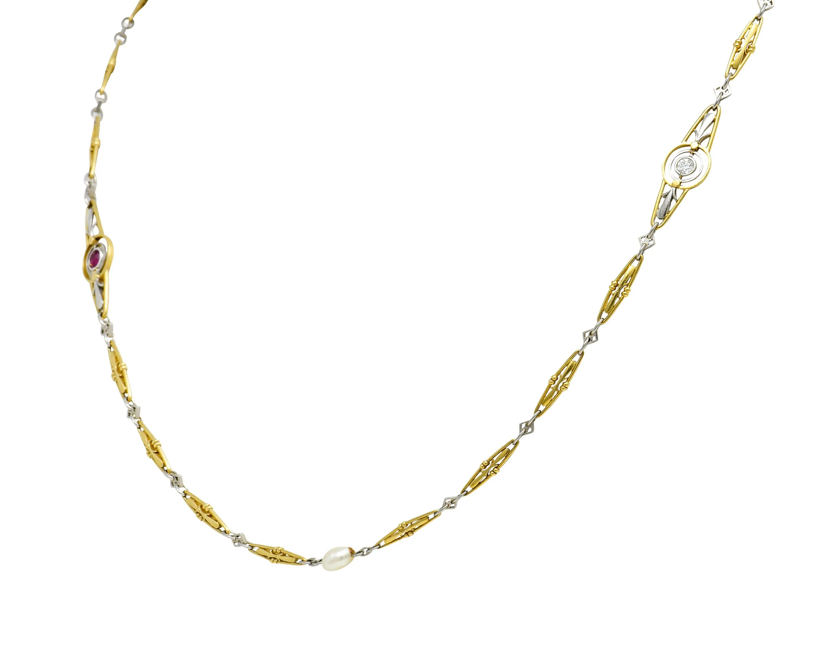 Art Deco Ruby Diamond Pearl Platinum 18 Karat Gold Link Necklace