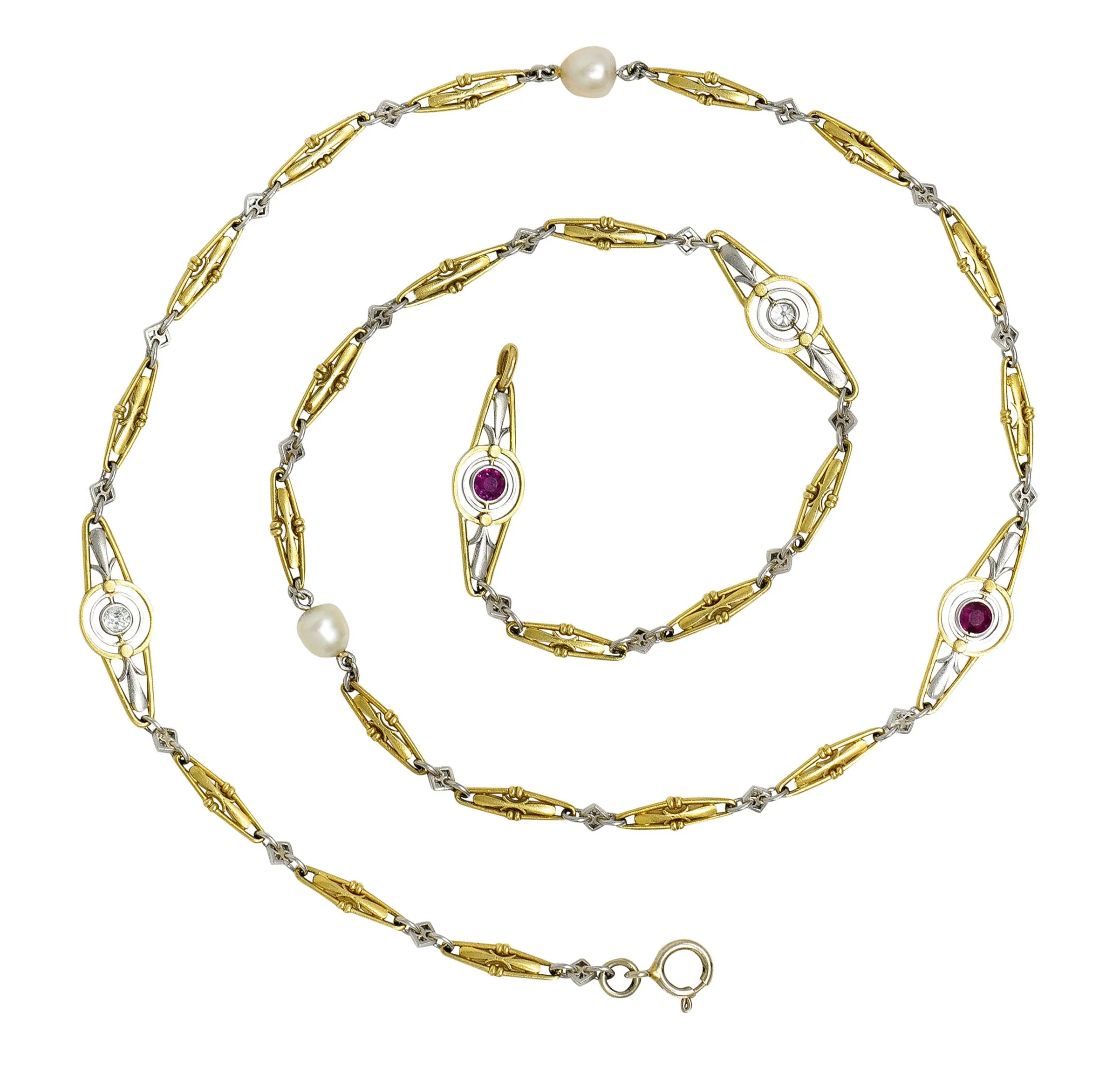 Art Deco Ruby Diamond Pearl Platinum 18 Karat Gold Link Necklace