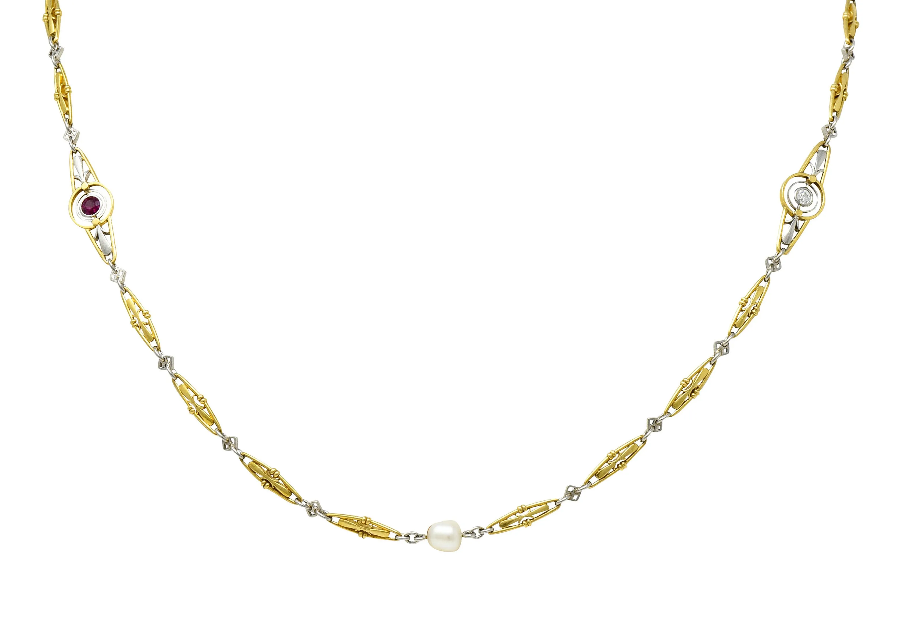 Art Deco Ruby Diamond Pearl Platinum 18 Karat Gold Link Necklace