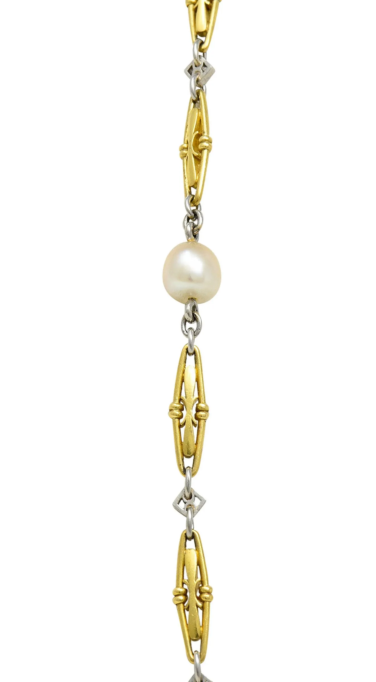 Art Deco Ruby Diamond Pearl Platinum 18 Karat Gold Link Necklace