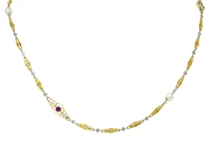 Art Deco Ruby Diamond Pearl Platinum 18 Karat Gold Link Necklace