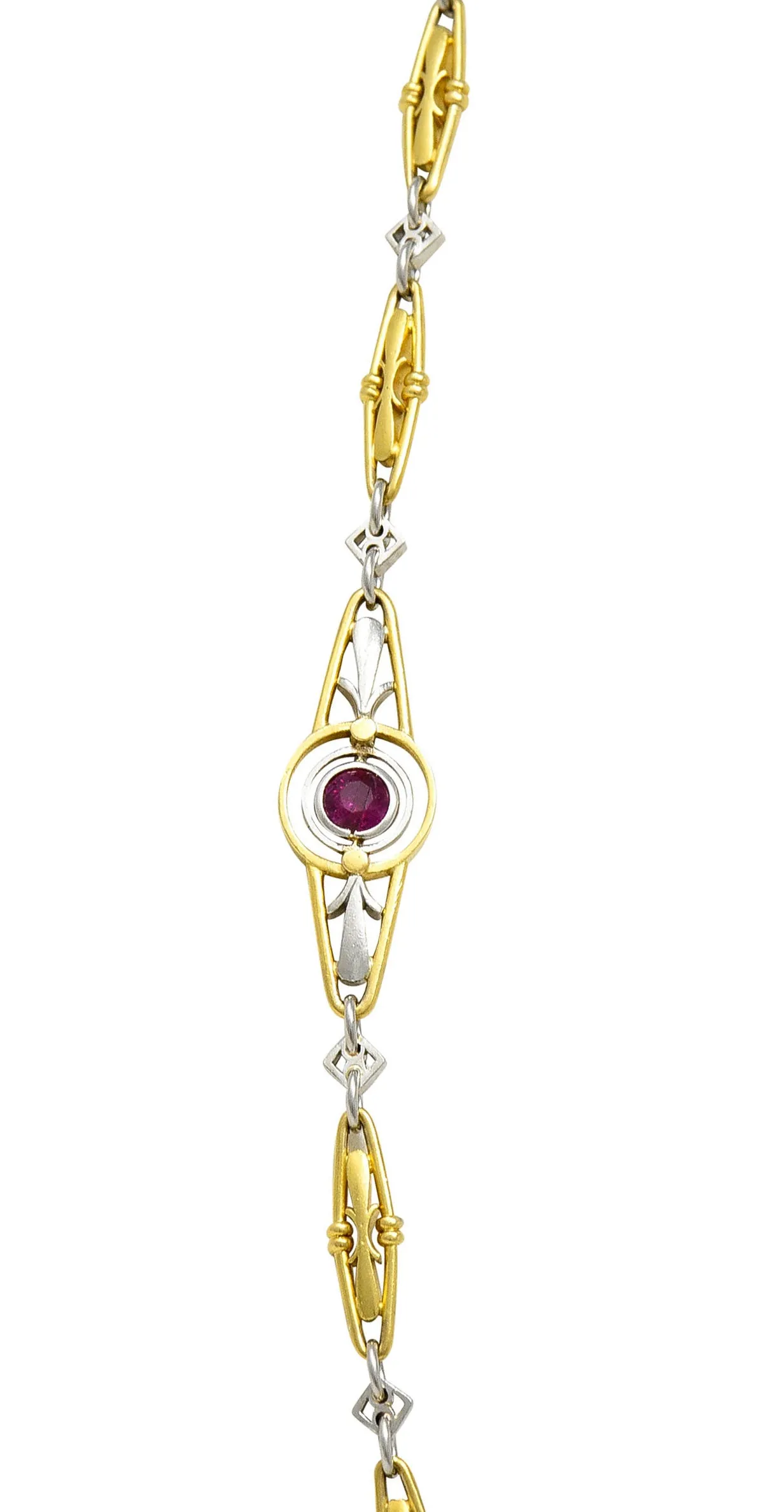 Art Deco Ruby Diamond Pearl Platinum 18 Karat Gold Link Necklace