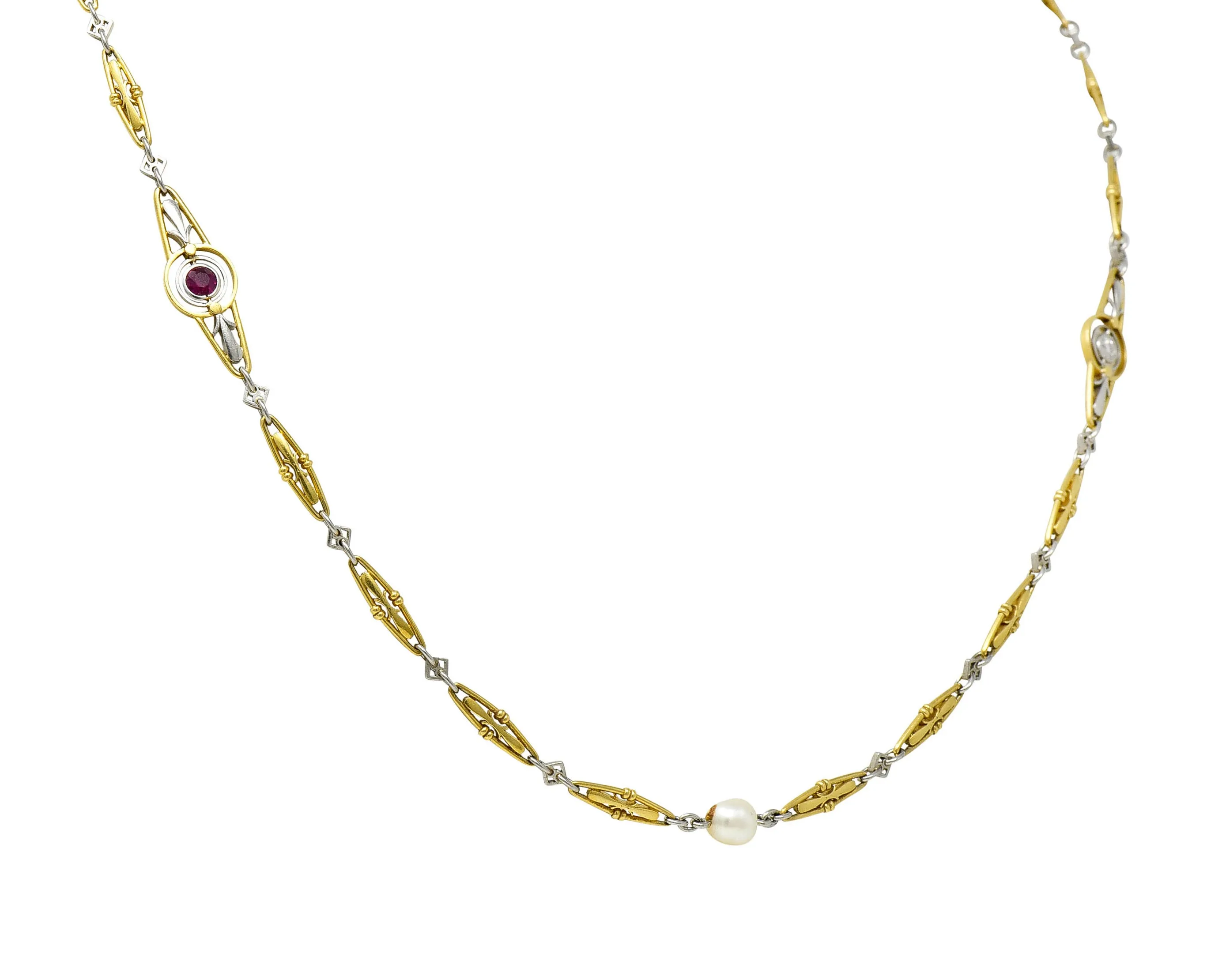 Art Deco Ruby Diamond Pearl Platinum 18 Karat Gold Link Necklace