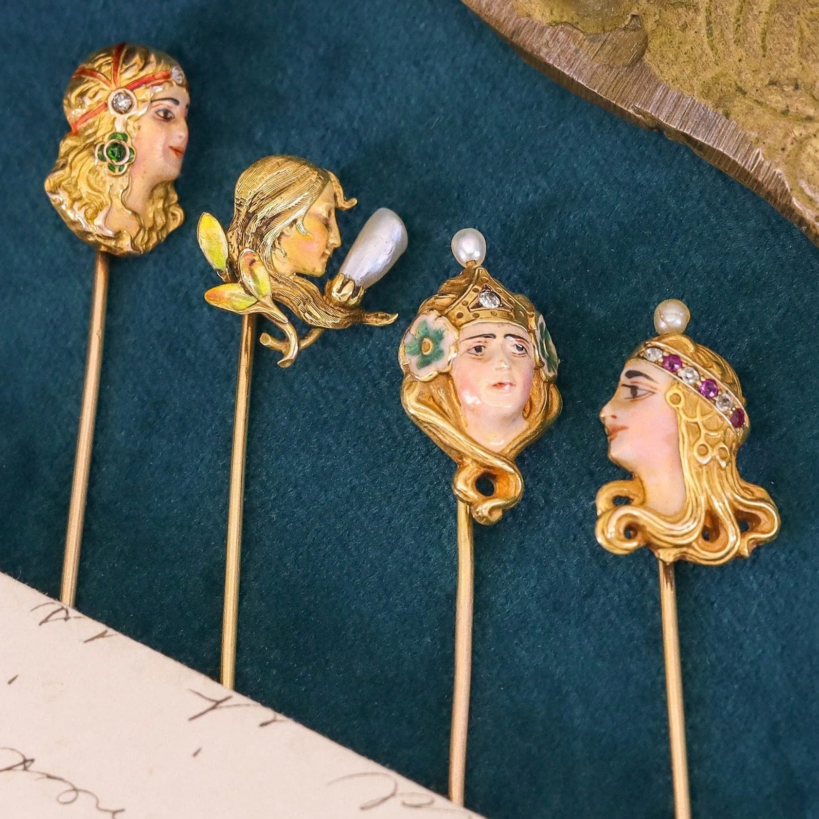 Art Nouveau Enamel Woman Stickpin of 14k Gold by Krementz and Co.