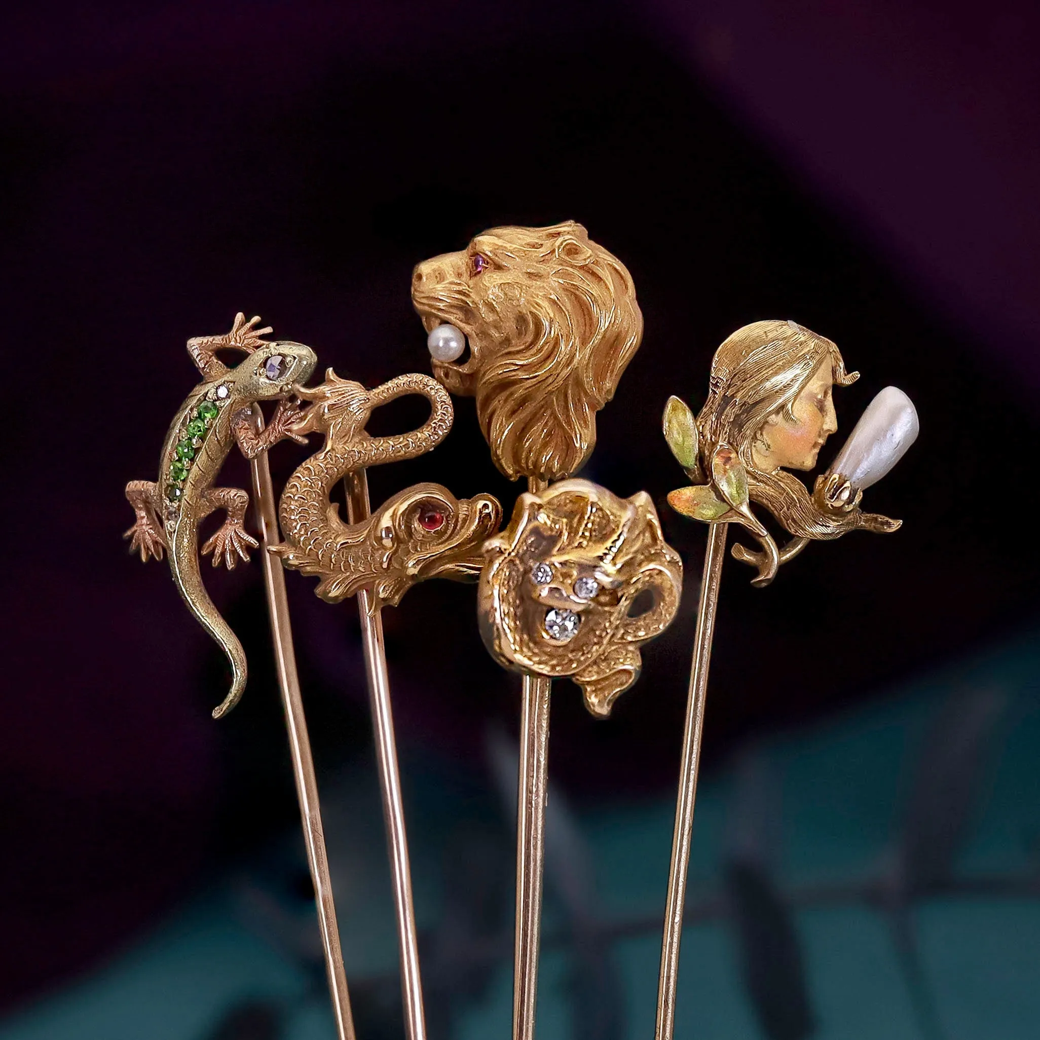 Art Nouveau Enamel Woman Stickpin of 14k Gold by Krementz and Co.