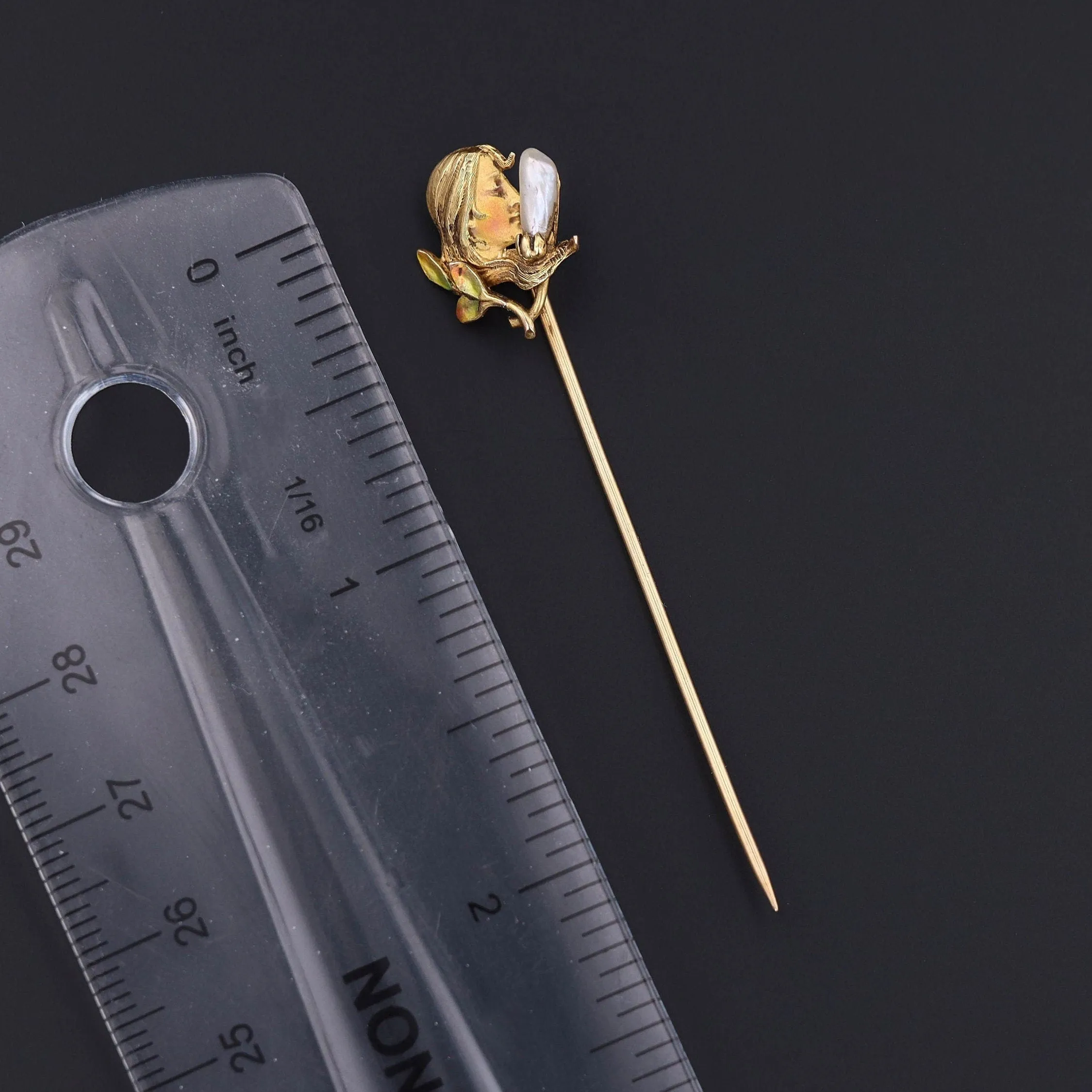 Art Nouveau Enamel Woman Stickpin of 14k Gold by Krementz and Co.