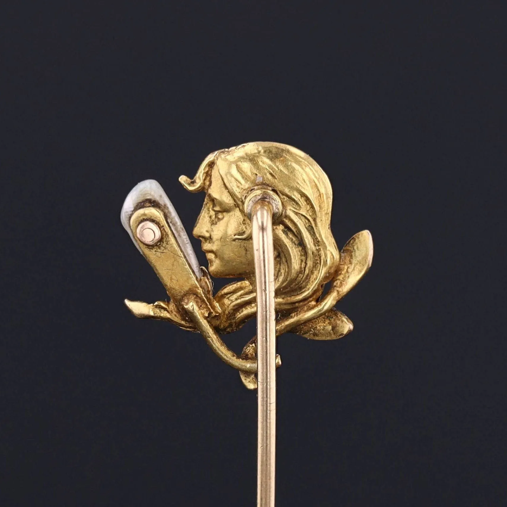 Art Nouveau Enamel Woman Stickpin of 14k Gold by Krementz and Co.