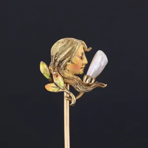 Art Nouveau Enamel Woman Stickpin of 14k Gold by Krementz and Co.