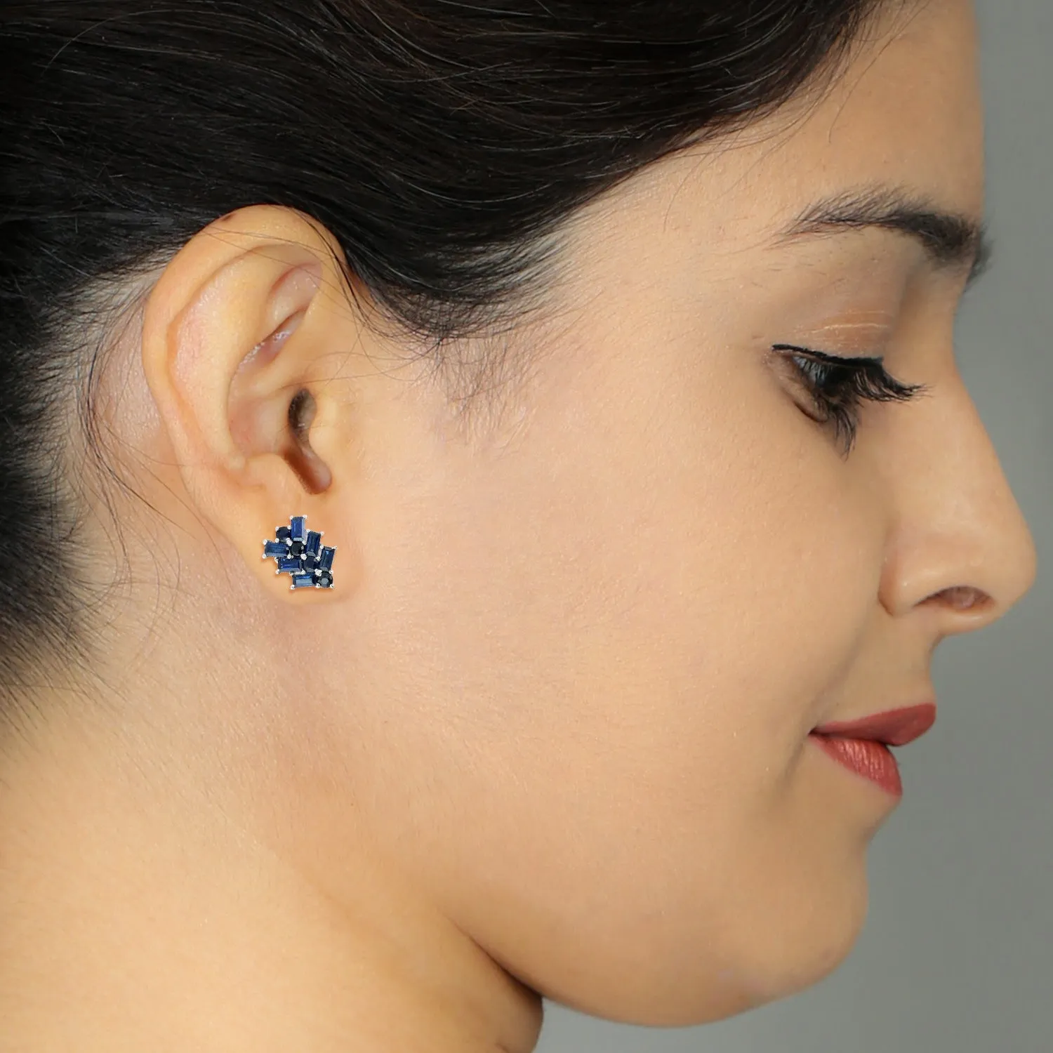 Baguette Blue Sapphire In 18k White Gold Ladder Design Stud Earrings For Her