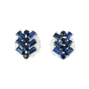 Baguette Blue Sapphire In 18k White Gold Ladder Design Stud Earrings For Her