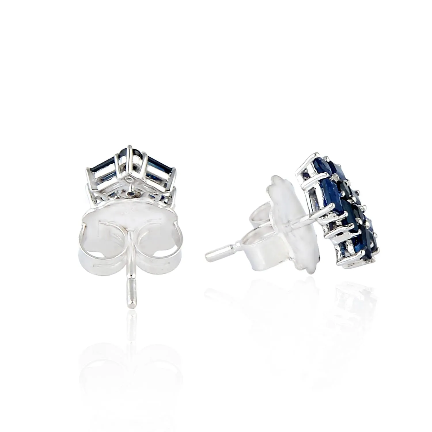 Baguette Blue Sapphire In 18k White Gold Ladder Design Stud Earrings For Her