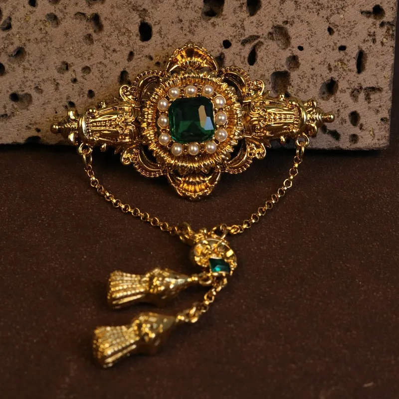 Baroque Royal Brooch Crystal Gemstone Accents with Chain Tassel