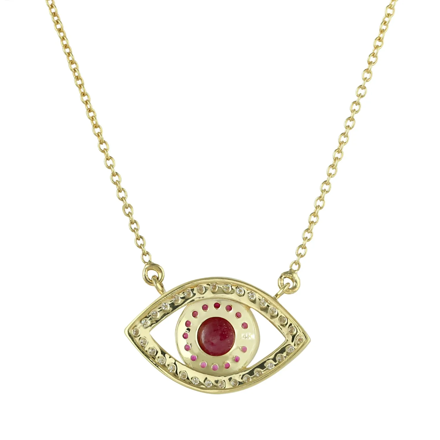 Bezel Set Ruby Gemstone Pave Diamond Evil Eye Choker Necklace In Gold