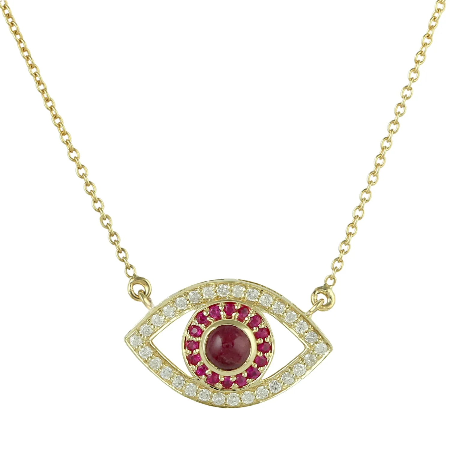 Bezel Set Ruby Gemstone Pave Diamond Evil Eye Choker Necklace In Gold