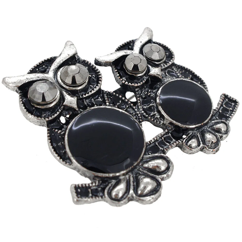 Black Antique Owl Couple Bird Pin Brooch