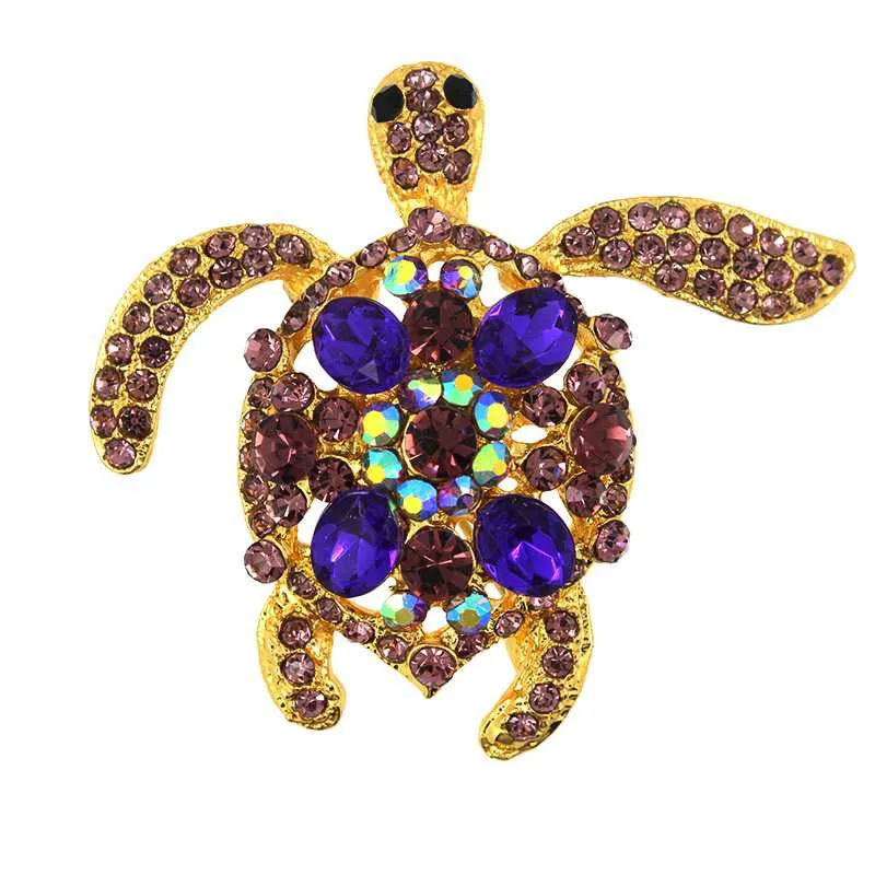 Bling Rhinestone Made Turtle Brooch Pin Animal Gold Plated Tortoise Jewelry For Christmas Wedding Party Blue Pink Purple NW