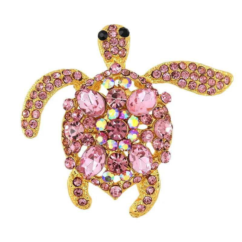 Bling Rhinestone Made Turtle Brooch Pin Animal Gold Plated Tortoise Jewelry For Christmas Wedding Party Blue Pink Purple NW