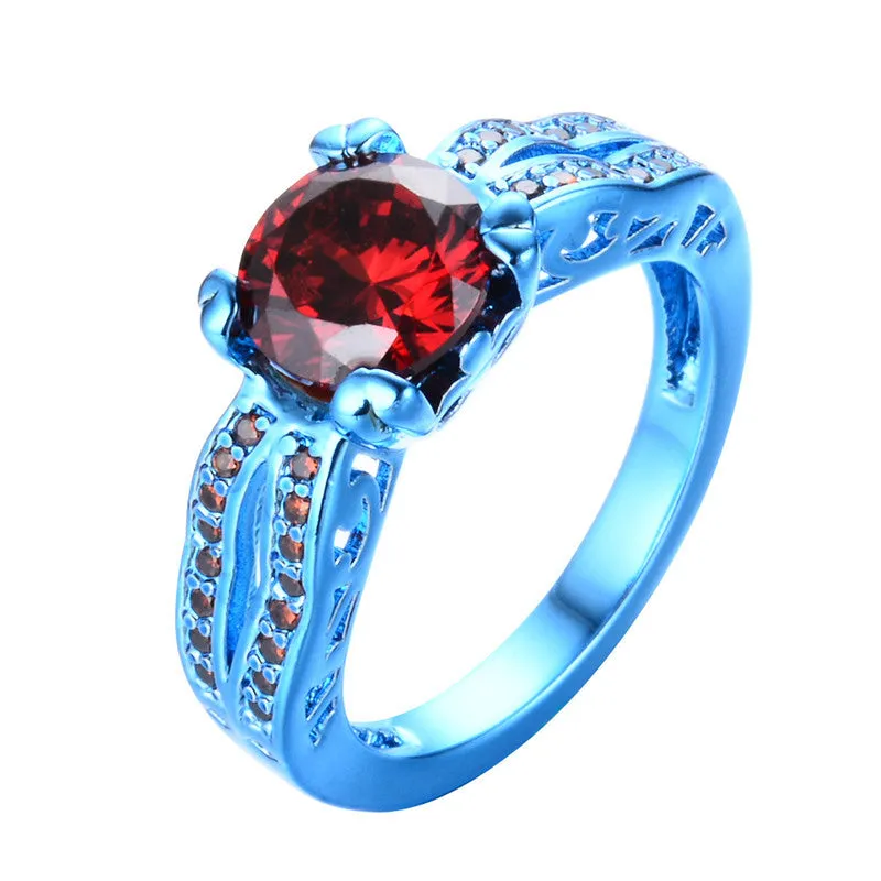 Blue Gold and Cherry Red Zircon Ring