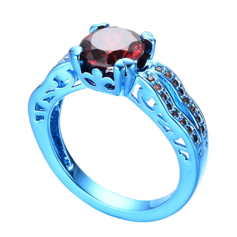 Blue Gold and Cherry Red Zircon Ring
