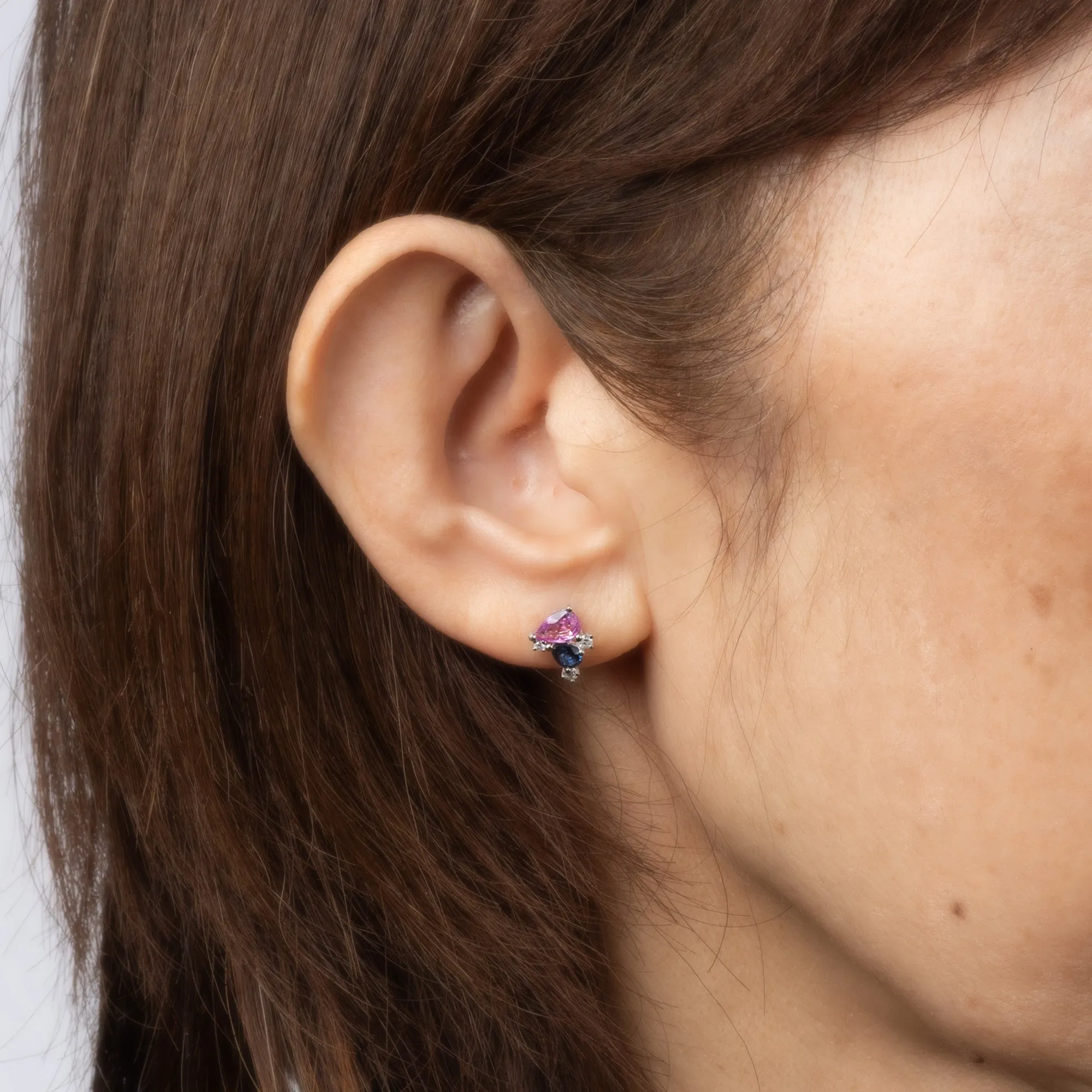 Blue Pink Sapphire Cluster Earrings Diamond Estate 14k White Gold Stud Jewelry