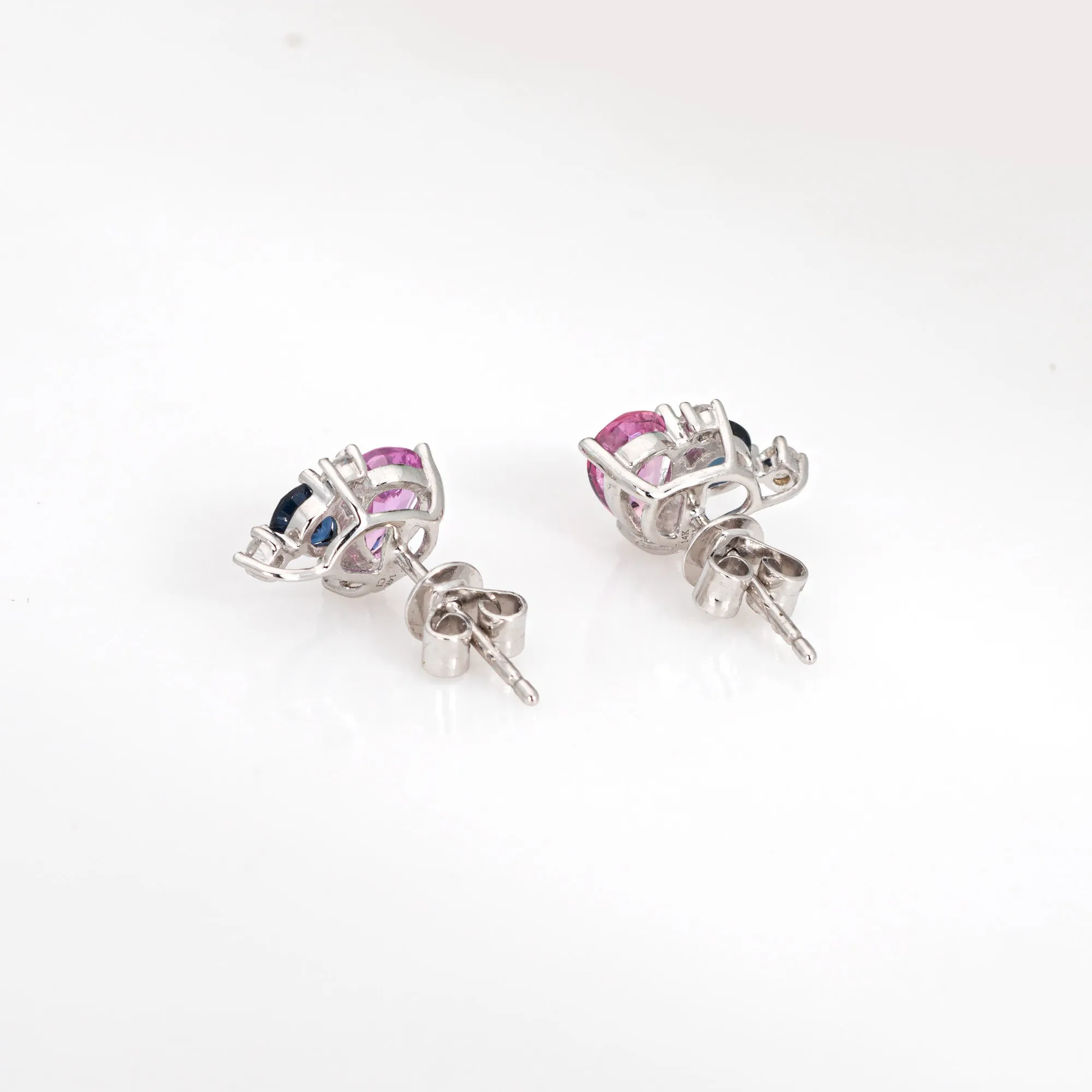 Blue Pink Sapphire Cluster Earrings Diamond Estate 14k White Gold Stud Jewelry