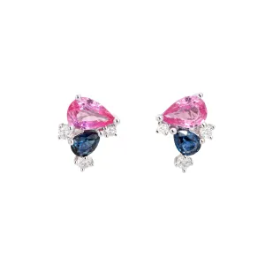 Blue Pink Sapphire Cluster Earrings Diamond Estate 14k White Gold Stud Jewelry
