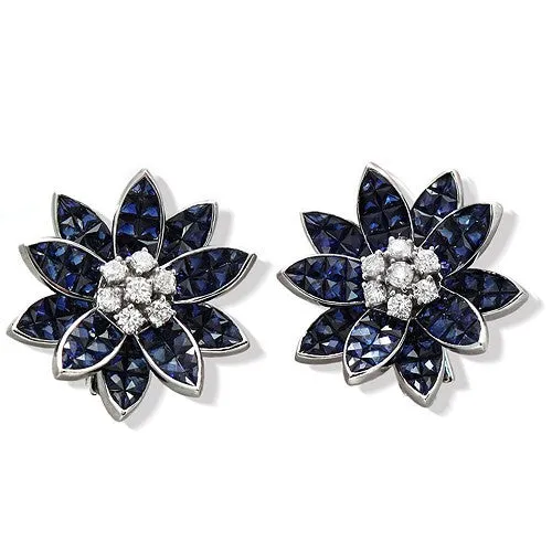 Blue Sapphire And Diamonds Flower Design Earrings, 18k White Gold
