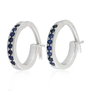 Blue Sapphire Gemstone Huggie Earrings 18K White Gold Earrings Jewelry