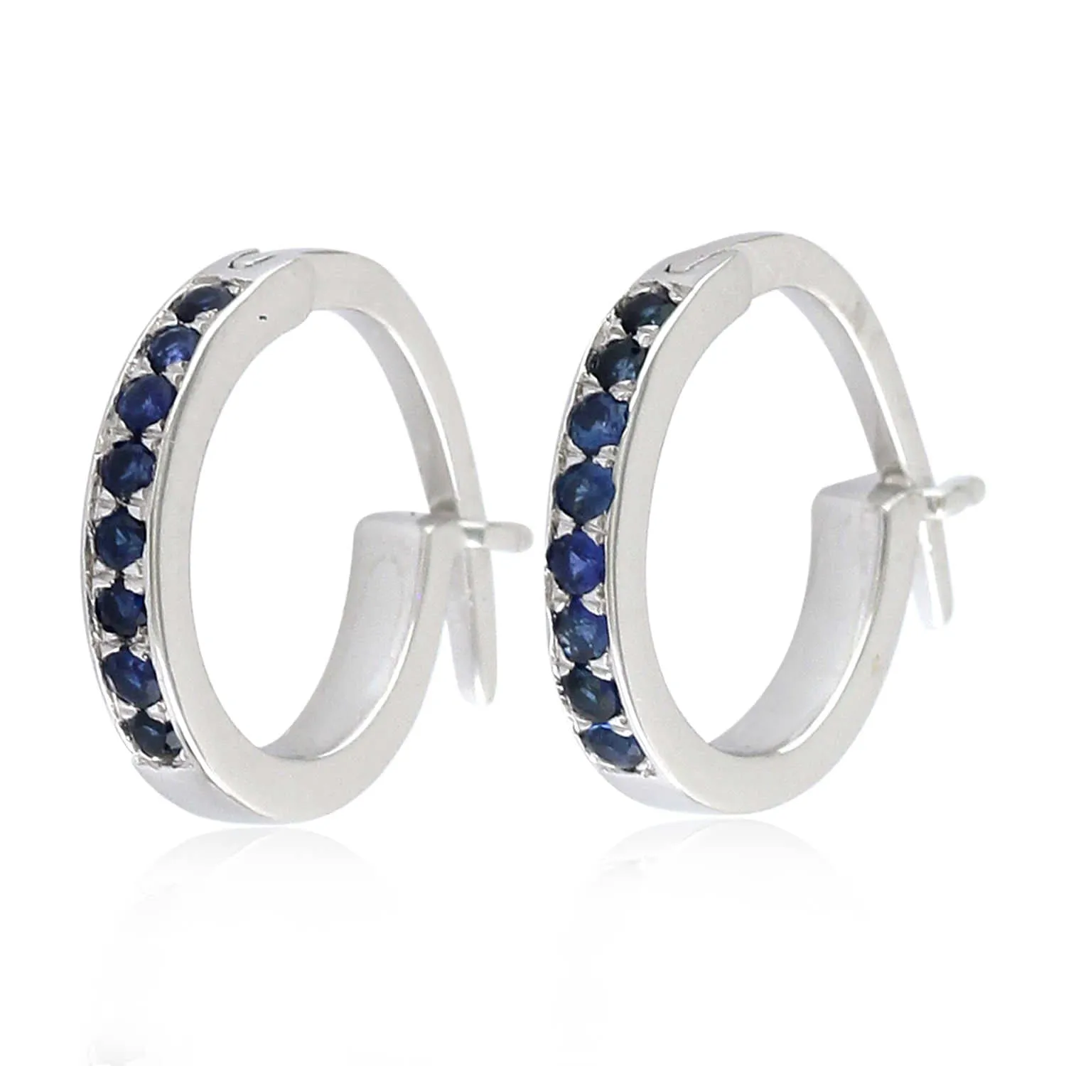 Blue Sapphire Gemstone Huggie Earrings 18K White Gold Earrings Jewelry