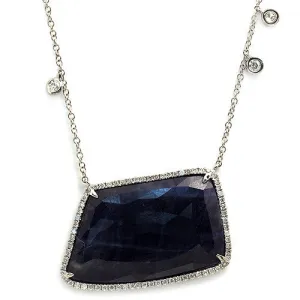 Blue Sapphire Slice & Diamond Pendant with Three Round Charm Necklace, 14k White Gold