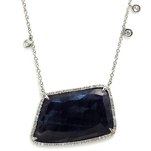 Blue Sapphire Slice & Diamond Pendant with Three Round Charm Necklace, 14k White Gold