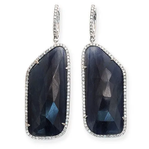 Blue Sliced Sapphire Dangle Earrings, 14k White Gold