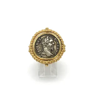 Caste granulation stirrup ring featuring an ancient Dentrius, Septimius Severus coin from 206 CE