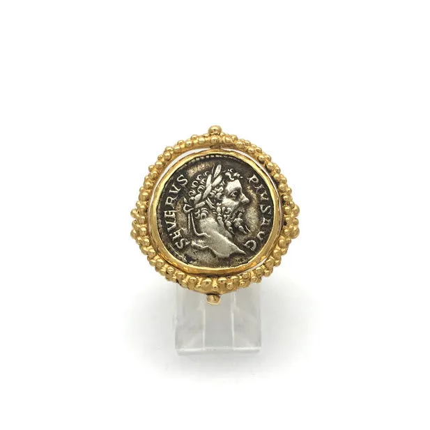 Caste granulation stirrup ring featuring an ancient Dentrius, Septimius Severus coin from 206 CE