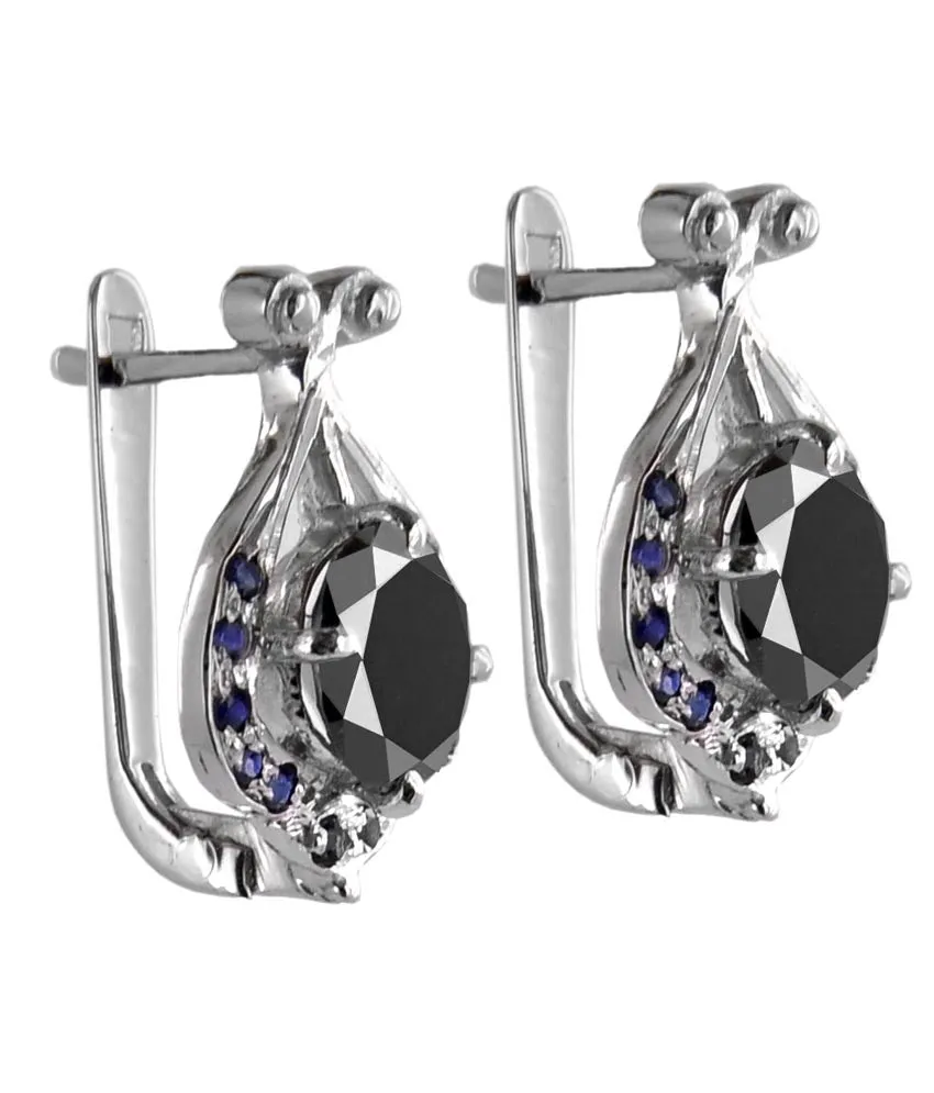 Certified Round Cut Black Diamond Solitaire Studs With Blue Sapphire Accents, Designer Collection