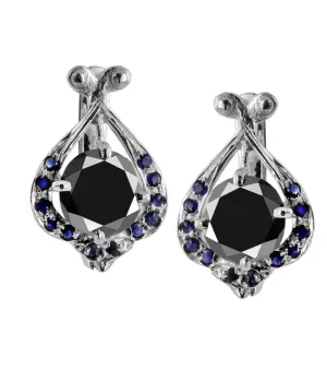 Certified Round Cut Black Diamond Solitaire Studs With Blue Sapphire Accents, Designer Collection